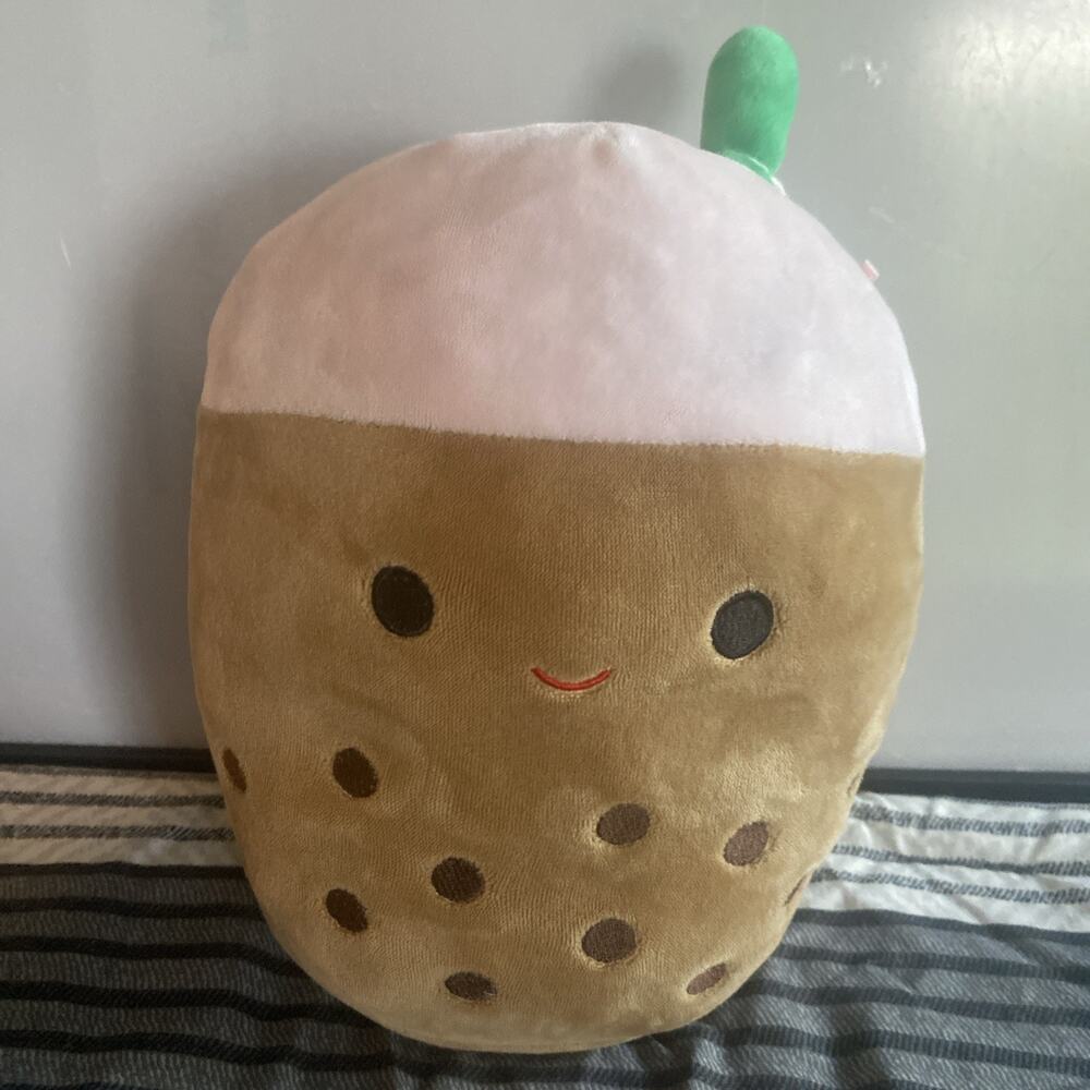 Squishmallow Brown Boba Tea With Green Straw 8”